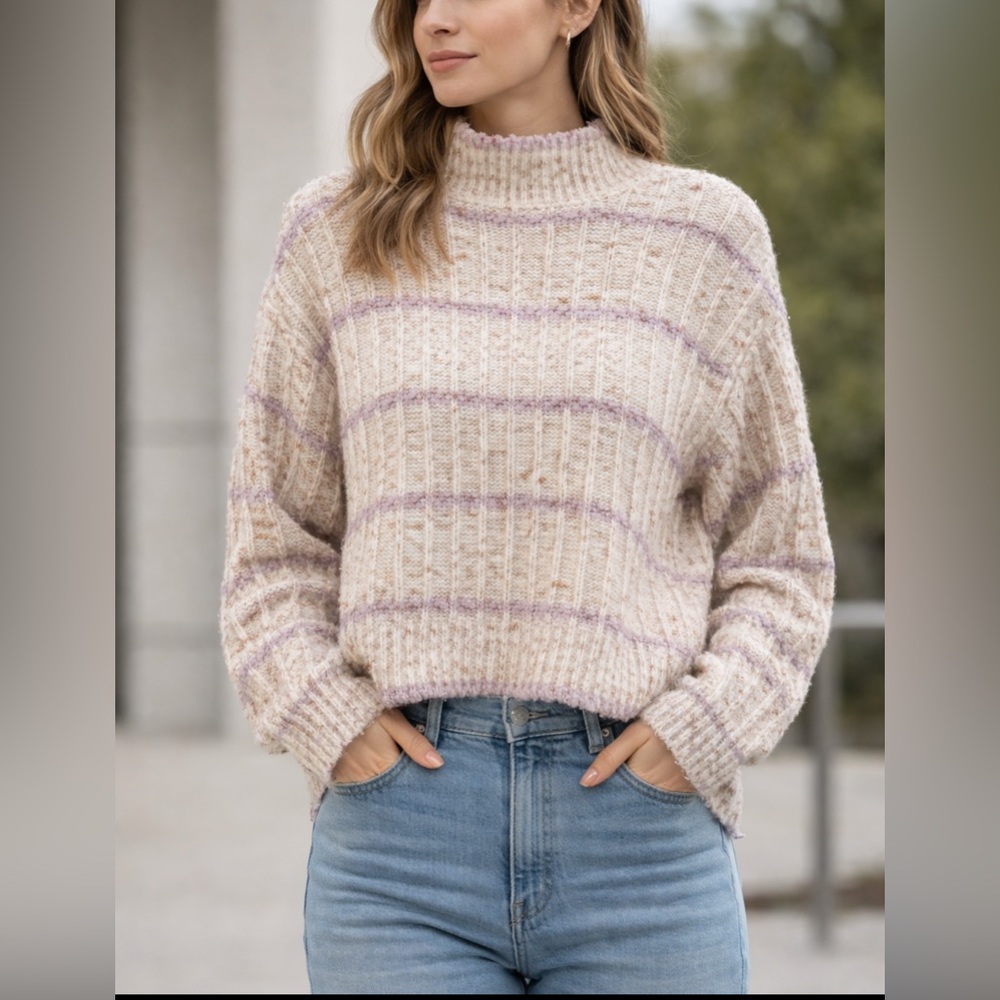 Ophelia Roe Ribbed Knit Sweater Medium Neutral Striped Mock Neck GUC